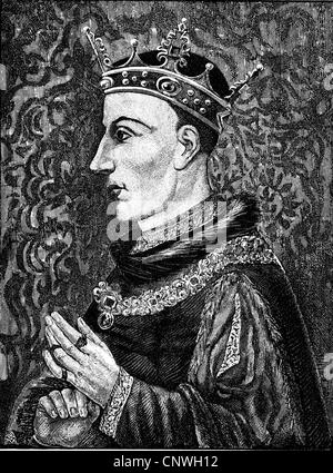 Henry V, 29.85.1387 - 1.9.1422, roi d'Angleterre 21.3.1413 - 21.1.1422, demi-longueur, gravure sur bois, XIXe siècle, Banque D'Images