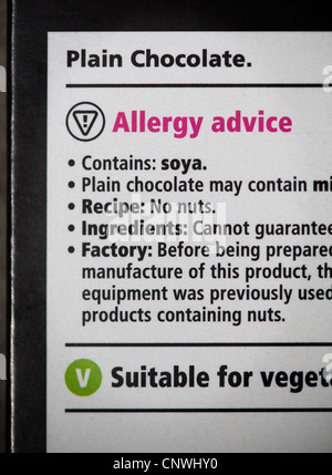 Barre de chocolat Label Allergie Banque D'Images