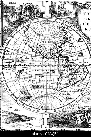 Cartographie, cartes/cartes marines, Amérique, carte d'un atlas de Gerhard Mercator, publié en 1632 à Amsterdam, globe, World ball, globes, World Balls, longitude, degré de longitude, degrés de longitude, lignes latitudinales, XVIIe siècle, historique, historique, Pacifique, Océan Pacifique, droits additionnels-Clearences-non disponible Banque D'Images