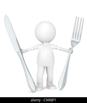 Peu de caractère humain 3D le Chef holding une fourchette et un couteau . Banque D'Images