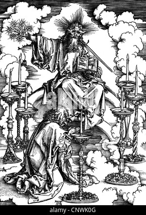 Beaux-arts, Duerer, Albrecht (1471 - 1528), 'l'Apocalypse - Vision des sept chandeliers', gravure sur bois, 1498, l'artiste n'a pas d'auteur pour être effacé Banque D'Images