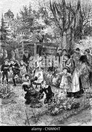 Pâques, enfants à la recherche d'oeufs de Pâques, sur la base d'un dessin de Fritz Bergen, gravure en bois, 1884, droits additionnels-Clearences-non disponible Banque D'Images