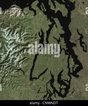 Image satellite de Puget Sound, Seattle, Washington Montagnes Olympiques Banque D'Images