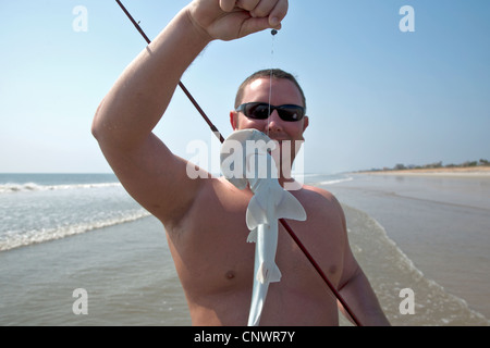 Bonnet requin tête capturés par pêcheur dans le surf sur la côte est de la Floride Banque D'Images