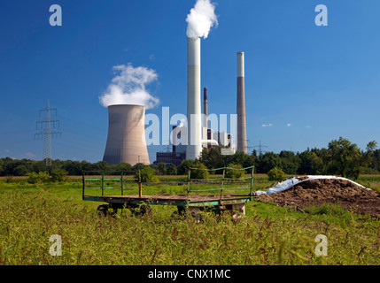 Véhicule agricole dans un pâturage avec des centrales au charbon Voerde, Allemagne, Rhénanie du Nord-Westphalie, Ruhr, Voerde Banque D'Images