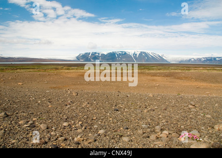 Vue sur vaste plaine avec peu de montagnes, lac Glacier Glacier et Langjoekull dans le bachground, Islande Banque D'Images