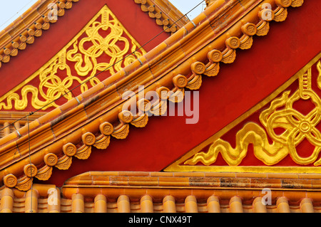 Détail des toitures, les gouttières et tuiles de la Cité Interdite, Pékin, Chine Banque D'Images