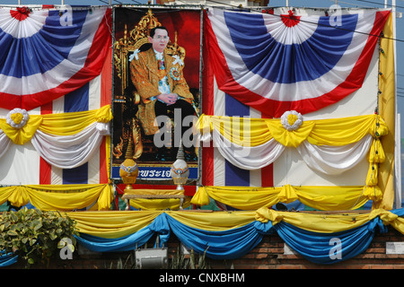 Portrait du Roi Rama IX de la Thaïlande, en face de Wat Na Phra Mane à Ayutthaya, Thaïlande. Banque D'Images