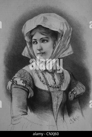 Fille bourgeouis allemand du 16ème siècle, la gravure historique, 1883 Banque D'Images