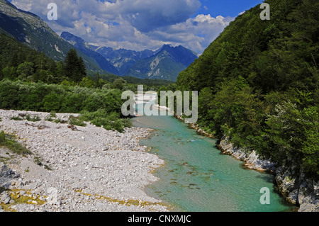 Vue panoramique sur la vallée de la Soca en face des montagnes, la Slovénie, l'Soca-Tal Banque D'Images