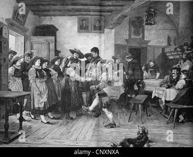 Invitation à la danse dans un village inn, gravure historique, vers 1885 Banque D'Images