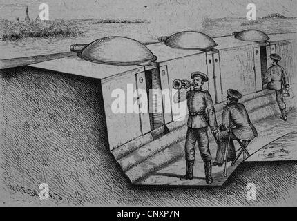 Tranchées de véhicules blindés, tourelles, gravure historique vers 1885 Banque D'Images