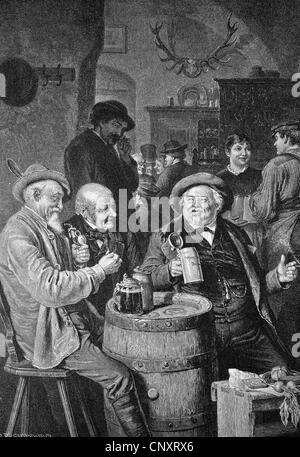 Les hommes de boire une bière, la gravure historique, 1888 Banque D'Images