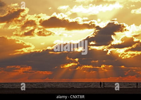 Rayons de soleil percer les nuages au coucher du soleil , Allemagne, Schleswig-Holstein, Saint Peter Ording Banque D'Images