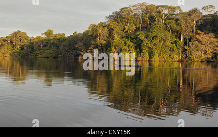 Canoe on Lake Garzacocha entouré par la forêt tropicale, l'Équateur, la Selva Banque D'Images