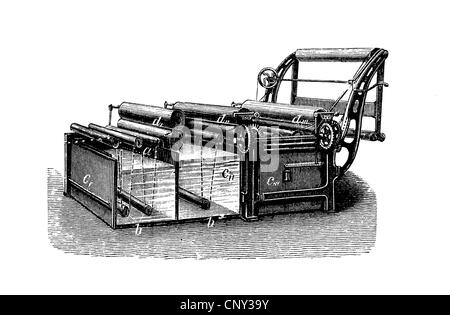 Machine de finition large, tisser, illustration historique, gravure sur bois, vers 1888 Banque D'Images