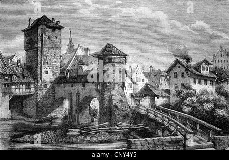 Hangman's Bridge et la tour de fer à Nuremberg, Allemagne, historique de la gravure sur bois, vers 1888 Banque D'Images