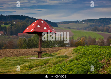 Un abri pour les randonneurs inspirée de l'agaric de mouche sur une crête de collines entre les champs, Allemagne, Bavière, Isental, Dorfen Banque D'Images