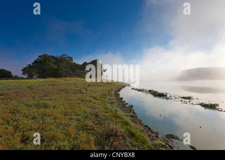 Brume du matin sur le lac Poehl, Allemagne, Saxe, Vogtland Banque D'Images