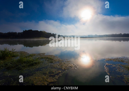 Brume du matin sur le lac Poehl, Allemagne, Saxe, Vogtland Banque D'Images