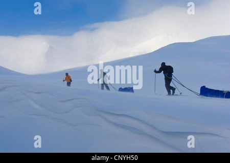 Wanderer avec pulk ski de neige dans la vallée en Reaiddavaggi Stuor, Kebnekaise est tombé, la Suède, la Laponie, Norrbotten Banque D'Images