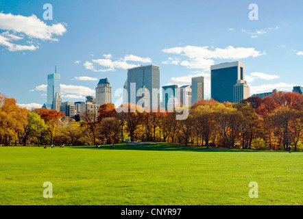 Central Park, New York City, à l'automne, en regardant vers l'horizon du sud de Central Park de Sheep Meadow. Banque D'Images