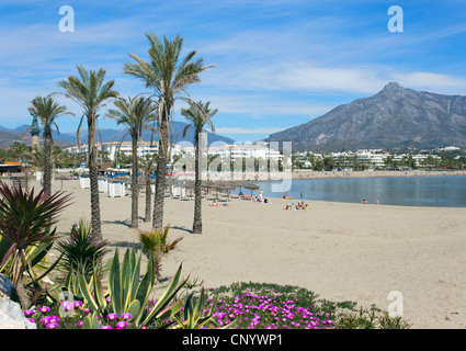 Puerto Banus, Marbella, Costa del Sol, Andalousie, espagne. Vue de la plage La Concha de montagne dans l'arrière-plan. Banque D'Images