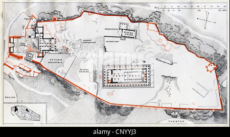 Géographie / voyage, Grèce, Athènes, acropole, plan, gravure en bois, 19e siècle, archéologie, archéologie, plan du site, échelle, échelles, pieds anglais, mètre, mètres, plan de sol, disposition, Propylaea, Parthénon, temple d'Athéna, bâtiment sacré, bâtiments sacrés, monde antique, temps anciens, citadelle, citadelles, 5th Century BC, Europe du Sud-est, Balkans historiques, péninsule balkanique, Monde antique, droits supplémentaires-Clearences-non disponible Banque D'Images