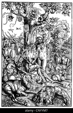 La religion, scènes bibliques, Adam et Eve au paradis, gravure sur bois par Lukas Cranach l'ancien, 1509, l'artiste n'a pas d'auteur pour être effacé Banque D'Images