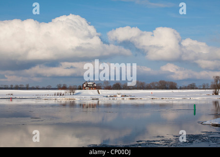 Elbe avec ferry boat en hiver, l'Allemagne, Brandebourg, Wendland, Pevestorf Banque D'Images