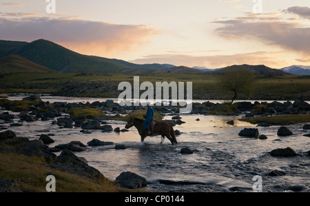 Cheval et cavalier dans l'Orhon Vallée de la Mongolie centrale Banque D'Images