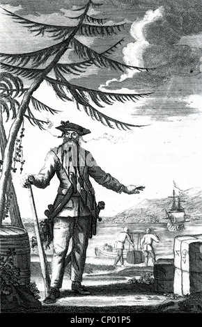 EDWARD TEACH - BLACKBEARD THE PIRATE (c) 1680-1718 pirate anglais dans une gravure 1736 Banque D'Images