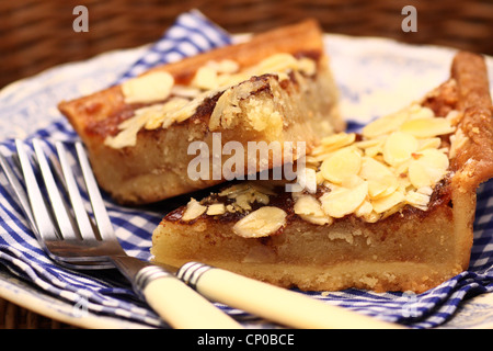 Tranche de pudding Bakewell fait maison, (dessert) amande emblématique sur une plaque vintage fond tissu vichy contre Derbyshire, Royaume-Uni Banque D'Images