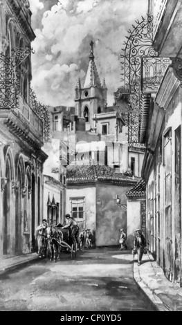 Scène de rue dans la vieille Havane, Cuba, avec clocher d'église en arrière-plan, vers 1918 Banque D'Images