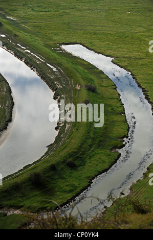 Femme en courant avec son chien le long des rives de la rivière Cuckmere East Sussex UK Banque D'Images