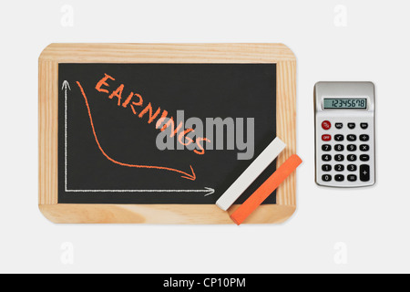 Un tableau. Un graphique avec une courbe diminué sur ce. Sur le tableau des gains est le mot, d'une calculatrice au côté droit. Banque D'Images