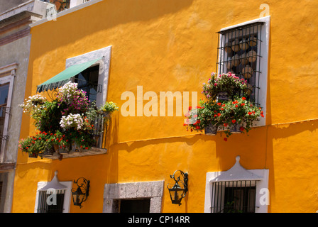 Fleurs colorées décorent les fenêtres d'une maison coloniale restaurée Spanis dans la ville de Puebla, au Mexique. Banque D'Images