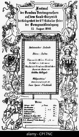 Géographie / Voyage, Allemagne, Cologne, Cathédrale de la Festivité de la structure (Dombaufest), banquettes dans la mairie, menu, 15.8.1848, droits supplémentaires-Clearences-non disponible Banque D'Images