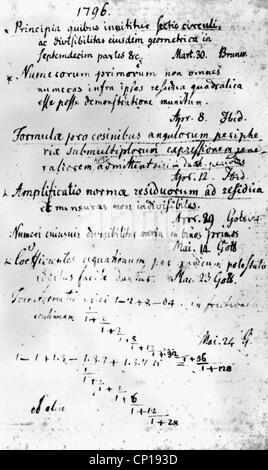 Gauß, Karl Friedrich, 1777 - 1855, scientifique allemand (mathématicien), entrée analytique de son journal scientifique sur la constructibilité du 17-coin, 29.3.1796, Banque D'Images