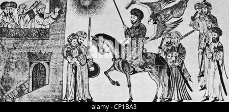 Muhammad ibn Abdullah, vers 570 - 8.6.632, le prophète arabe, fondateur de la religion de l'Islam, scène, la conquête d'une ville, d'après une illustration miniature persane à partir de 1310, Royal Asiatic Society, la religion, les religions, la guerre, des guerres, de conquête, de conquêtes, l'Arabie, Péninsule Arabique, , n'a pas d'auteur de l'artiste pour être effacé Banque D'Images