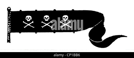 Transport / transport, navigation, bucanier / pirate, drapeaux fantaisie de pirates notoires, drapeau du capitaine Christopher Condent, crâne et crossones, Jolly Roger, symbole, symboles, signal, signaux, Jolly Roger, drapeau, drapeaux, pirate, pirates, bucaneer, bucaneers, Clearences, découpe, découpe, découpes, 18e siècle, clipping-historique, droits supplémentaires non disponibles Banque D'Images