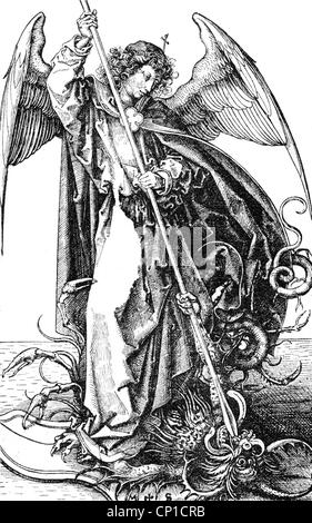 Michael, l'archange du christianisme, les combats avec dragon, imprimer en fonction de gravure sur cuivre par Martin Schongauer (1446 - 1491), auteur de l'artiste n'a pas à être effacée Banque D'Images