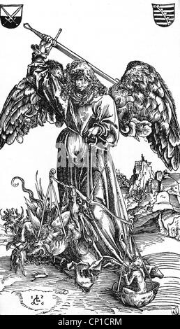 Michael, archange du christianisme, lutte contre le dragon, imprimer selon Lukas Cranach The Elder, (1472 - 1553), Banque D'Images