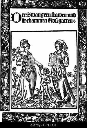 Médecine, naissance, livre de sage-femme, 'Der Schwangeren Frauen und Hebammen Rosengarten' par Eucharius Roesslin, 1513, couverture boisée par C. Merkel, droits additionnels-Clearences-non disponible Banque D'Images