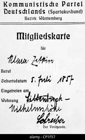 Zetkin, Clara, 5.7.1857 - 20.6.1933, politicien allemand (KPD), féministe, sa carte de membre du Parti communiste allemand, Banque D'Images