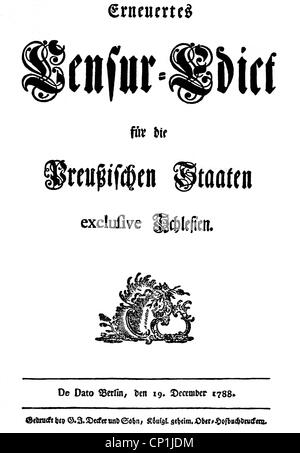 justice, lois, édits, édit de censure du roi Frederick William II de Prusse, Berlin, 19.12.1788, droits additionnels-Clearences-non disponible Banque D'Images