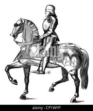 Moyen âge, chevaliers, chevalier en armure complète à cheval, gravure en bois, illustration de 'les arts au moyen age', par Paul Lacroix, 1869, droits additionnels-Clearences-non disponible Banque D'Images