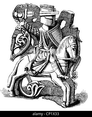 Moyen-âge, chevaliers, chevalier anglais au début du XIIIe siècle, gravure en bois, 19e siècle, après une sculpture ivoire, militaire, cheval, chevaux, épée, épées, bouclier, boucliers, armure de chevalier, armure de chevalier, casques, casque, cavalier, cavaliers, cavalryman, cavalrymen, médiéval, médiéval, soldat, soldats, historique, Clearences-non disponible Banque D'Images