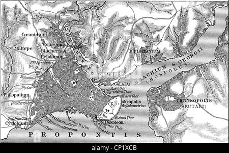 Cartographie, cartes historiques, Constantinople dans l'époque médiévale, gravure de bois, Allemagne, 19e siècle, carte topographique, Turquie, Istanbul, Corne d'Or, Bosporus, promoteurs, Sykae, Pera, Skutari, Chrysopolis, échelle, détroit, mer, Empire romain de l'est, Empire byzantin, Clearantium, 11ème - 14ème siècle, historique, Moyen-âges, Byzences-autres droits non disponibles Banque D'Images