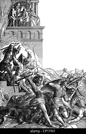 Littérature, mythologie, légende de Nibelung, bataille entre les Burgundiens et les Huns à la cour du roi Attila, gravure sur bois, 19e siècle, 'Deutsche Heldenhagen' par Albert Richter et Guido Goerres, Leipzig, 1932, droits additionnels-Clearences-non disponible Banque D'Images